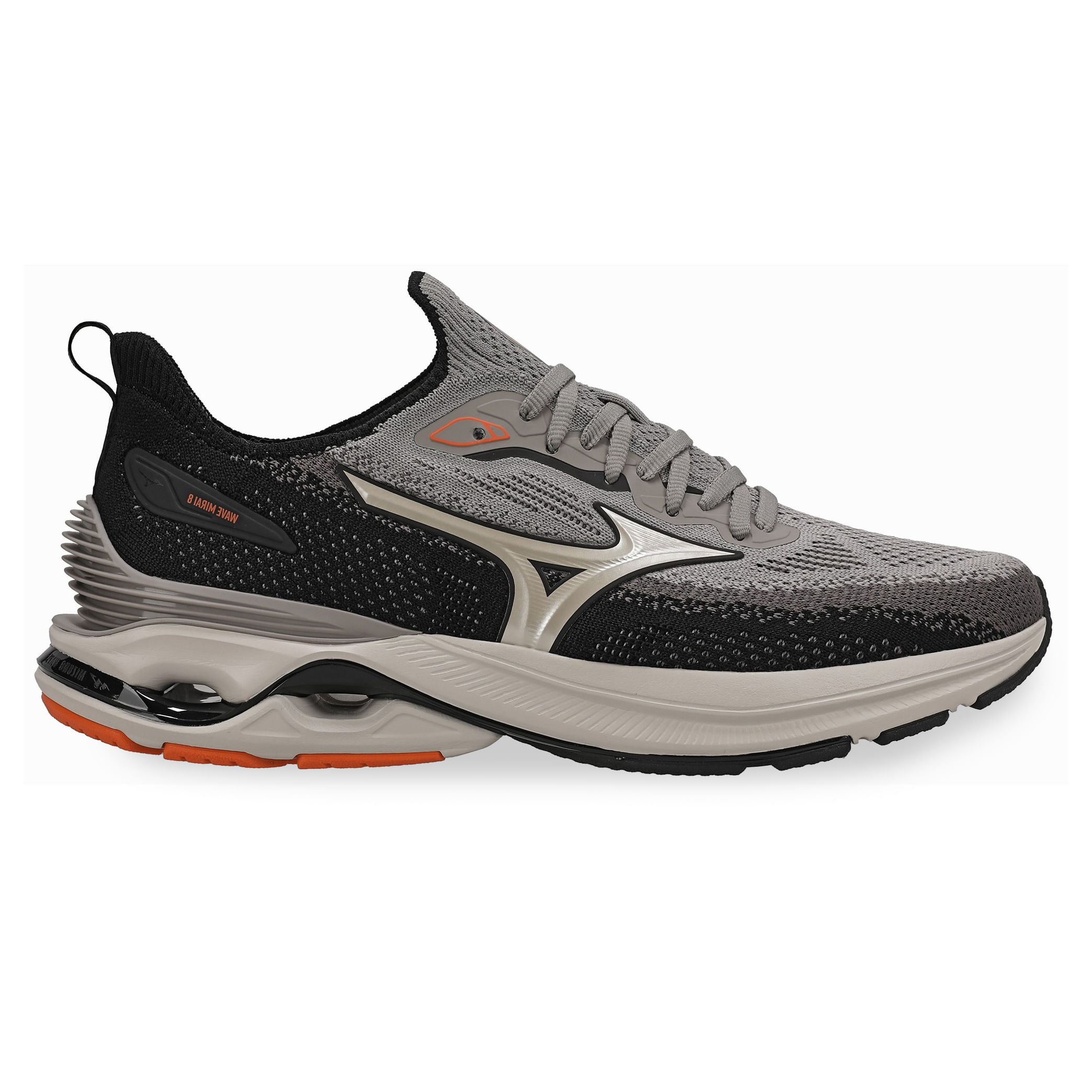 Tênis Mizuno Wave Mirai 8 masculino cinza com solado preto e detalhes laranja, vista lateral
